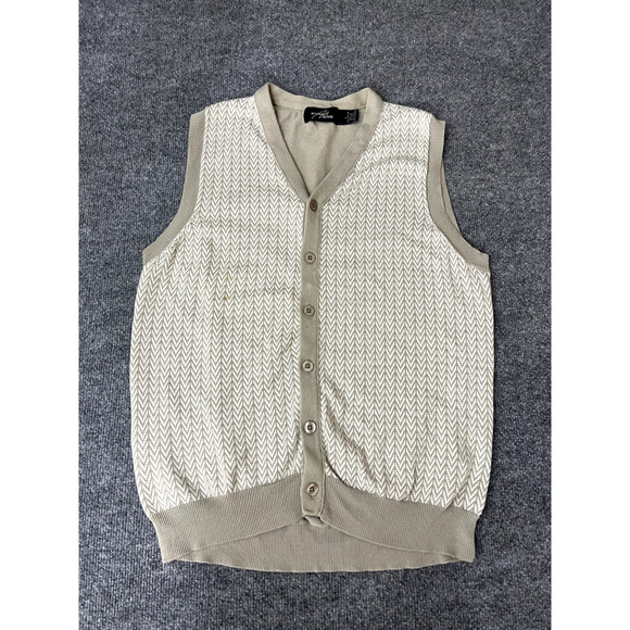Mens Academia Preppy Knit Cardigan Vest L Retro Button Grandpa Chevron Beige - Picture 1 of 11